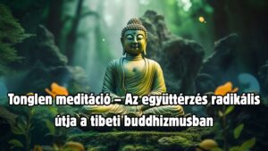 Meditáló alak, aki sötét füstöt lélegez be és fehér fényt áraszt ki – a tonglen (adás és elfogadás) meditáció szimbolikus ábrázolása.